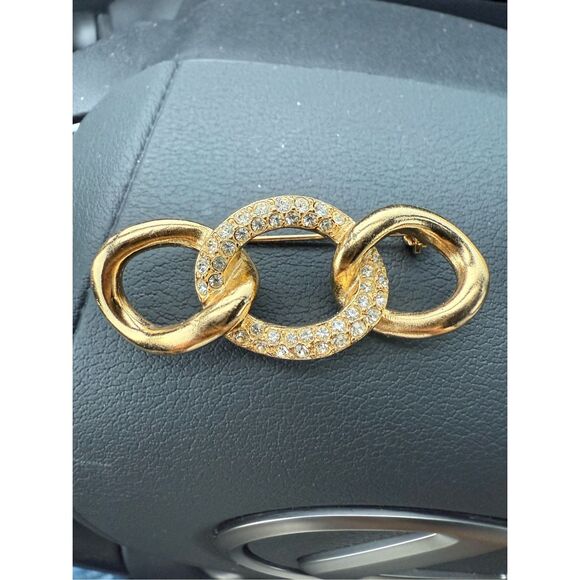 Vintage Christian DIOR Crystal Chain Link Brooch Goldtone Signed - Picture 1 of 5